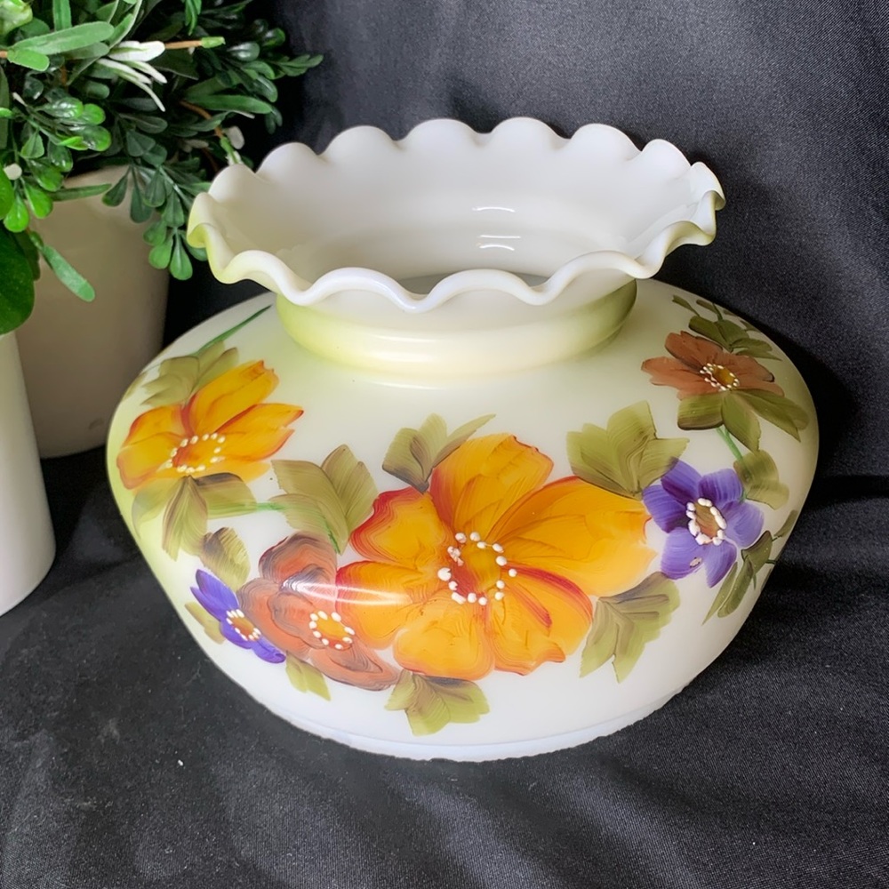 Vintage hand painted milk glass hurricane lamp shade